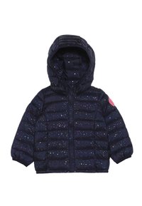 Polstret navy jakke med hætte, prydet med multicolorerede prikker. Indeholder en frontlynlås og elastiske manchetter for en tætsiddende pasform.