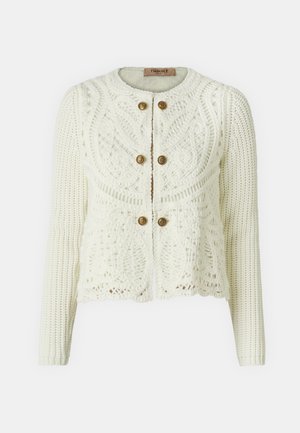 Cardigan bianco lavorato a maglia con un motivo a foglia testurizzato, scollatura rotonda e bottoni dorati. Lunghezza cropped con maniche lunghe.