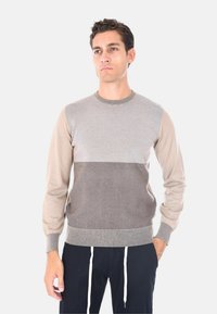 Maglione lavorato a maglia in tonalità di beige e marrone chiaro. Presenta un collo a giro e polsini a costine. Texture liscia con design a blocchi di colore.
