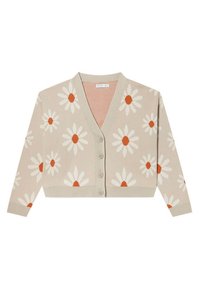 Beżowy krótki kardigan z dekoltem w serek, z przodu zapinany na guziki, z białymi wzorami stokrotek z pomarańczowymi środkami.