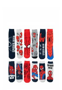 Set di dieci calzini colorati con design di Spider-Man. I materiali includono una miscela di cotone, con motivi nei colori rosso, blu, grigio e nero.
