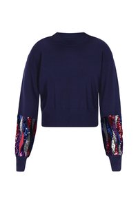 Tengerészkék, rövidített pulóver hosszú ujjakkal, színes flitterekből készült hullám mintákkal az ujjakon. Sima tapintású és bordás nyakú.