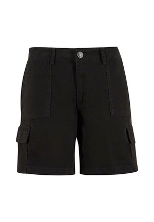Pantalones cortos cargo negros de corte recto, con dos bolsillos frontales y dos bolsillos laterales. Fabricados en un material duradero con una textura suave.