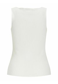 Bijela rebrasta majica bez rukava, uski kroj, glatka tekstura, čiste linije, suptilna izreza, minimalistički stil bez ukrasa.
