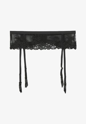 Gaine en dentelle noire avec des bordures en dentelle florale, des panneaux en mesh et des straps en satin réglables avec clips en métal. Texture lisse sur l'ensemble.