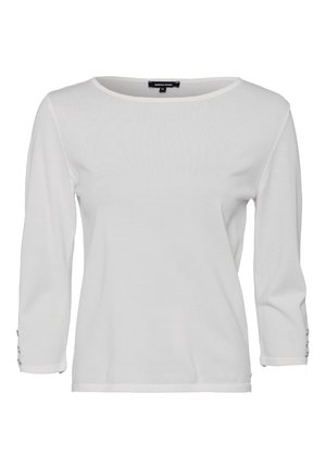 Weißes Langarmshirt mit rundem Ausschnitt und Knopfdetails an den Ärmelbündchen, dargestellt auf schlichtem weißem Hintergrund.