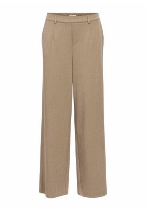Beige Hosen mit weitem Bein, elastischem Bund, Gürtelschlaufen und einer sauberen Vorderseite ohne sichtbare Taschen oder Knöpfe.