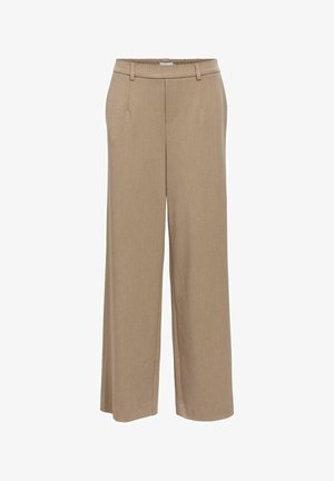 Beige vide bukser med elastisk midjebånd, beltehemper og en glatt front uten synlige lommer eller knapper.