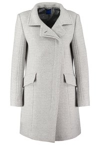 Manteau en laine gris clair texturé avec large col, manches longues, deux poches avant à rabat et fermeture asymétrique à l’avant.
