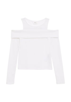Top bianco a spalla scoperta con maniche lunghe realizzato in tessuto a costine, caratterizzato da un design aderente e un'ampia scollatura, adatto per un look casual.
