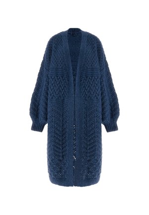Cardigan lung de un albastru marin tricotat, cu un design texturat și cu model, având un aspect deschis în față. Include umeri căzuți și mâneci largi pentru confort.