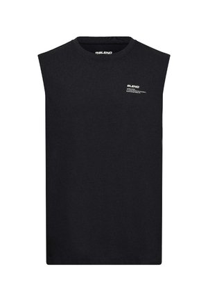 Mustast puuvillast varrukateta t-särk, millel on ümar kaelus, sirge ääris ja väike valge logo rinnal.