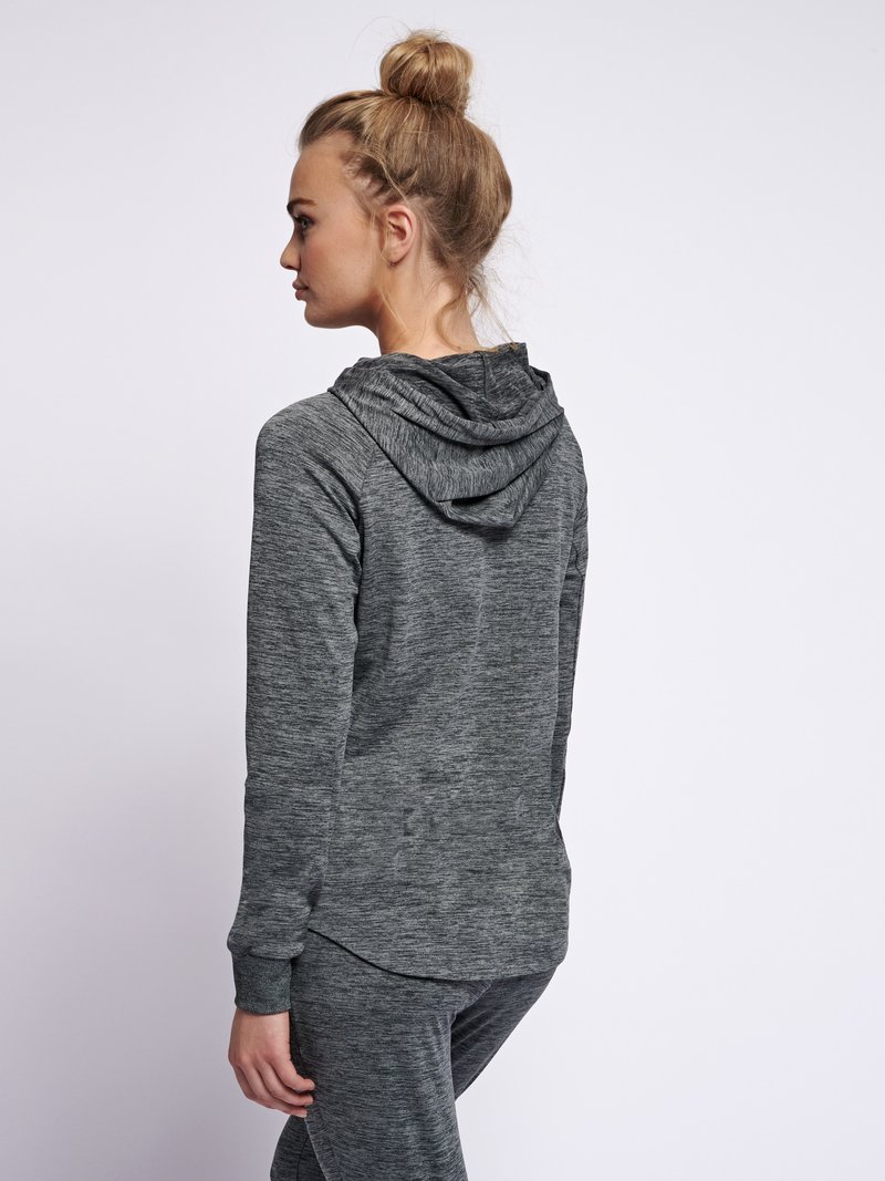 Grau, langärmliger Hoodie aus strukturiertem Stoff. Mit Kapuze, leicht gebogenem Saum und passgenauen Manschetten, im nahtlosen, minimalistischen Design.