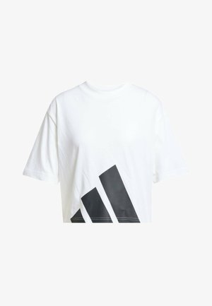 T-shirt bianco in cotone con maniche corte, caratterizzato da un grande design grafico nero di tre strisce diagonali nella parte inferiore sinistra del davanti.