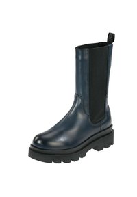 Stivali alla caviglia in pelle blu con pannelli elastici neri sui lati, punta tonda, suola spessa e testurizzata, e una linguetta sul retro.