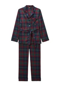 Ensemble de pyjama à carreaux en vert foncé et bourgogne, comprenant une chemise à boutons avec une poche, des manches longues et un pantalon assorti avec un lien ajustable.