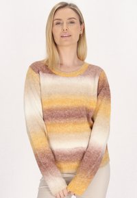 Pulover tricotat cu un model gradient în nuanțe de crem, galben și maro. Designul include un guler rotund și mâneci lungi.