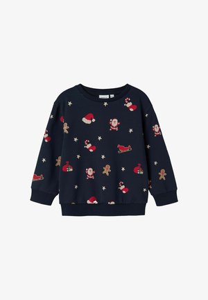 Sudadera de color azul marino con patrones festivos, incluyendo Papá Noel, hombres de jengibre y estrellas. Fabricada con un tejido suave y con puños y dobladillo acanalados.
