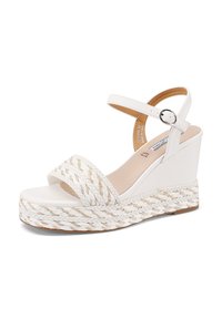 Sandalo wedge bianco con cinturino in juta intrecciata, materiale superiore liscio, cinturino alla caviglia con fibbia argento e una piattaforma textured.