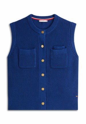 Blå strikket, ærmeløs vest med knapper, ribstrikket tekstur, to forlommer og guldfarvede knapper.