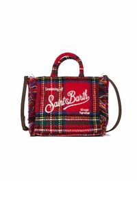 Rode geruite handtas met franjes, voorzien van de tekst "Dromen van Saint Barth Winterparadijs" in het wit. Bruine schouderband.