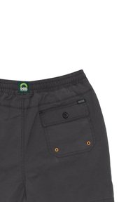 Gray shorts with an elastic waistband, a single back pocket, orange eyelets, and a blue logo patch labeled "Deus Customs."