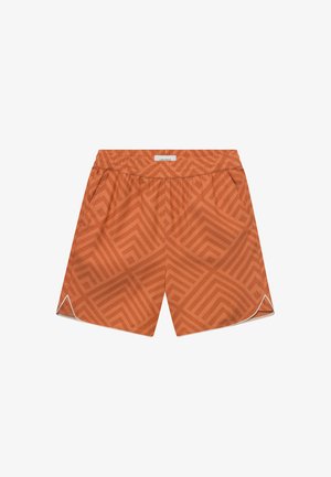 Oranžas šortus ar ģeometrisku rakstu, elastīgu jostasvidentity, sānu kabatām un baltajiem akcentiem apakšmalā. Izgatavoti no viegla auduma.