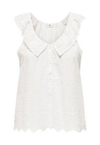 Blouse blanche sans manches avec col en dentelle festonnée à œillets, boutons à l’avant et motifs décoratifs en œillets sur le tissu et l’ourlet.