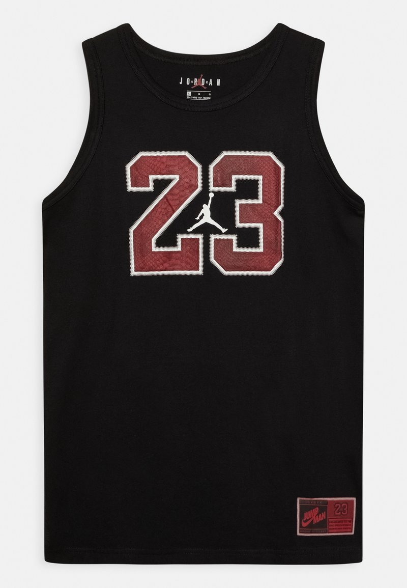 Débardeur noir sans manches Jordan avec un grand numéro rouge 23 et le logo Jumpman sur le devant, ainsi qu'un petit patch rouge Jumpman près de l'ourlet.