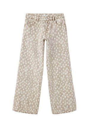 Beige Jeans mit weitem Bein und leicht gesprenkeltem Muster, Vorderknopf, Gürtelschlaufen und vorderen Taschen, flach auf weißem Hintergrund liegend.