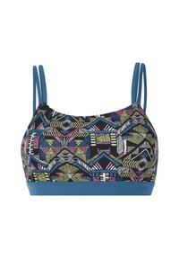 Mustat kuvioidut bralette-toppia, joissa on monivärisiä geometrisia kuvioita, ohuet siniset hihnat ja yhtenäinen sininen vyötäröosa.