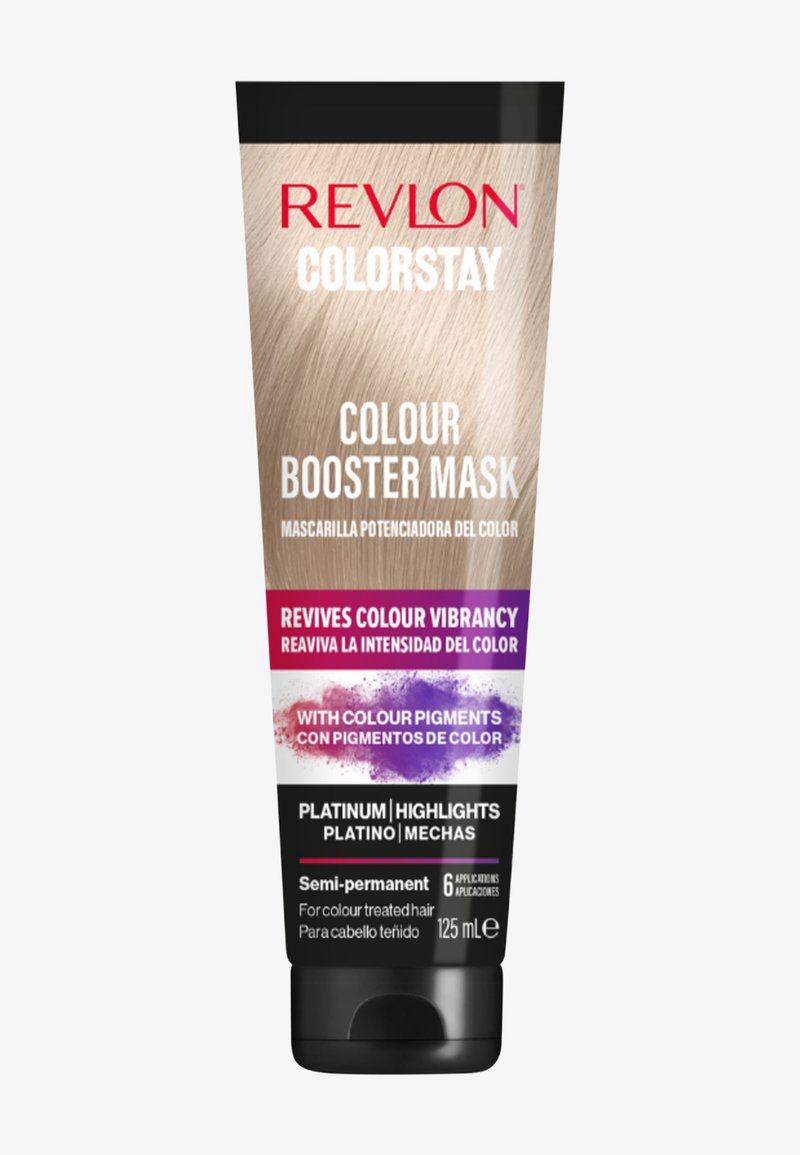 Revlon Colorstay Colour Booster Maske i en fleksibel tube. Hvid med en sort hætte, har rød og lilla tekst. Størrelse: 125 ml, semi-permanent.