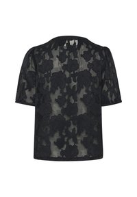 Haut noir brodé de motifs floraux avec manches courtes, en tissu transparent, doté d'un col rond et de motifs floraux en relief complexes.