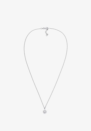 Silver chain necklace featuring a sun pendant with a central pearl. The chain is textured with small links and includes a clasp with an extender.