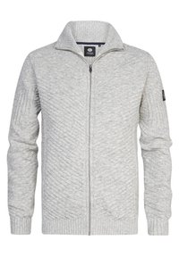 Vaaleanharmaa vetoketjullinen villapaita, jossa on ribbikuviointi kauluksessa ja hihoissa sekä teksturoitu vinoraita edessä ja sivupaneelissa.