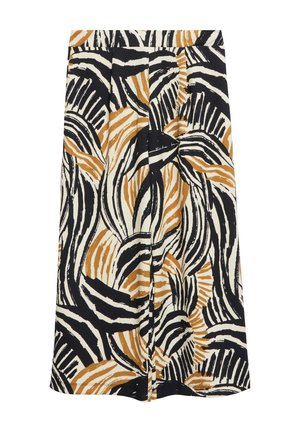 Spódnica o średniej długości z abstrakcyjnym wzorem czarnych, białych i brązowych pociągnięć pędzla, prosty krój, zakładka z przodu na środku.