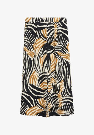 Jupe mi-longue avec motif abstrait de coups de pinceau noirs, blancs et marron, coupe droite, détail de pli au centre devant.