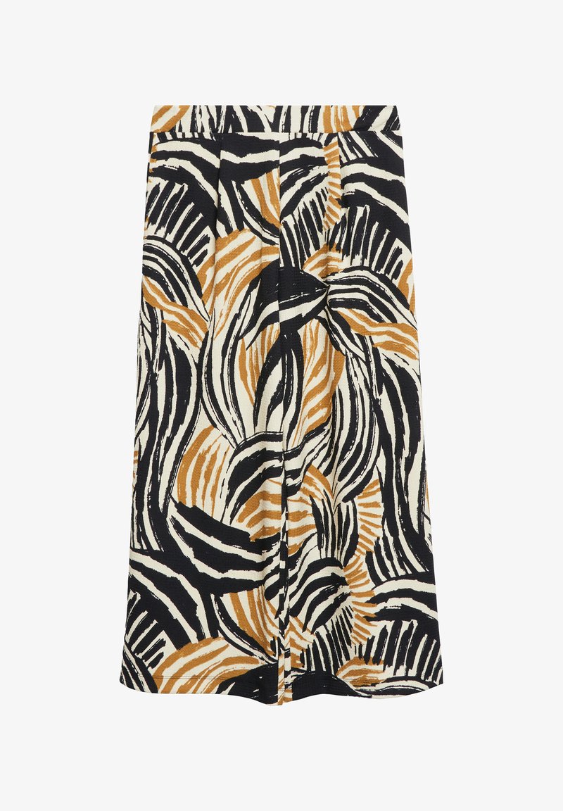 Jupe mi-longue avec motif abstrait de coups de pinceau noirs, blancs et marron, coupe droite, détail de pli au centre devant.