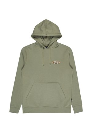 Olive green hoodie with a front kangaroo pocket, adjustable drawstring hood, and a small embroidered logo on the chest. Cotton blend material.