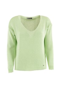 Maglione lavorato a maglia verde chiaro con scollatura a V profonda, maniche lunghe e orlo a coste. Presenta un piccolo dettaglio del logo in basso a sinistra.