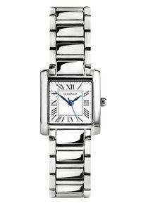 Montre en métal argenté avec un cadran rectangulaire, un cadran blanc, des aiguilles bleues et des chiffres romains. Présente un design de bracelet à maillons avec une finition brillante.