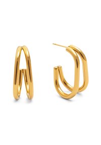Orecchini a cerchio in metallo color oro con un design liscio e raffinato; caratterizzati da una forma intrecciata unica e una chiusura a spillo dritto.