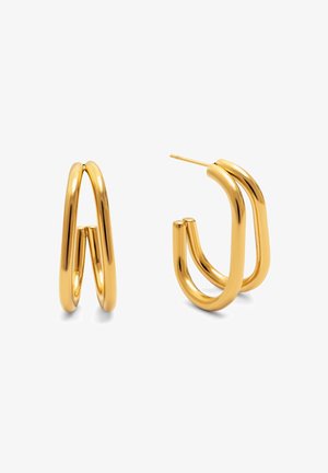 Kolczyki w kształcie obręczy w kolorze złotym, wykonane z metalu, o gładkim i eleganckim designie; charakteryzujące się unikalnym, splecionym kształtem oraz prostym zapięciem na szpilkę.