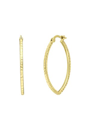 Goldfarbene Creolen mit einer gehämmerten Textur, dünnem Profil und sicherem Verschluss. Messen Sie ungefähr zwei Zoll in der Höhe.