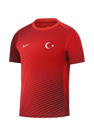 Rotes Sporttrikot mit diagonalen Streifen, weißem Nike-Logo auf der rechten Brust und weißem Halbmond mit Stern-Emblem auf der linken Brust.