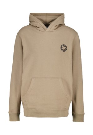 Beige hoodie with a front pocket, drawstring hood, and a dark swirl logo on the left chest. Soft fabric with ribbed cuffs and hem.