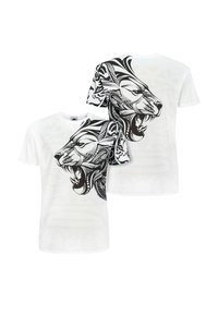 White t-shirt featuring a black lion graphic design that wraps around the shoulder. Smooth fabric with detailed line art accents.