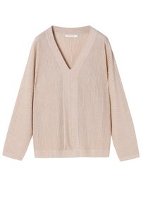 Pull en V beige en tricot côtelé, présentant des manches longues et une coupe décontractée, avec une texture subtile et des rayures verticales.
