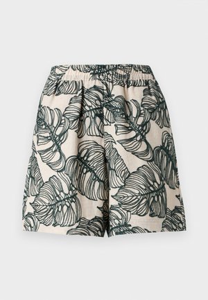 Μπεζ σορτς με μεγάλο σκούρο πράσινο τροπικό φύλλο, ελαστική μέση με μαζεμένο λάστιχο, επίπεδη μπροστινή όψη, άνετη εφαρμογή.