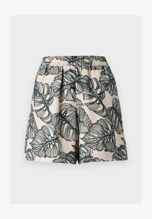 Μπεζ σορτς με μεγάλο σκούρο πράσινο τροπικό φύλλο, ελαστική μέση με μαζεμένο λάστιχο, επίπεδη μπροστινή όψη, άνετη εφαρμογή.